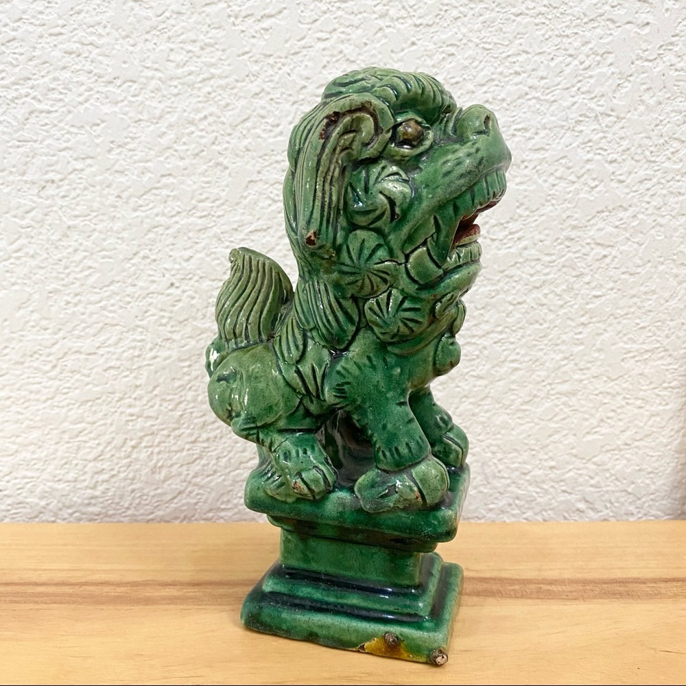 Antique Earthenware Chinese Green Glazed Foo Dog Foo Lion 7” Sculpture Figurine